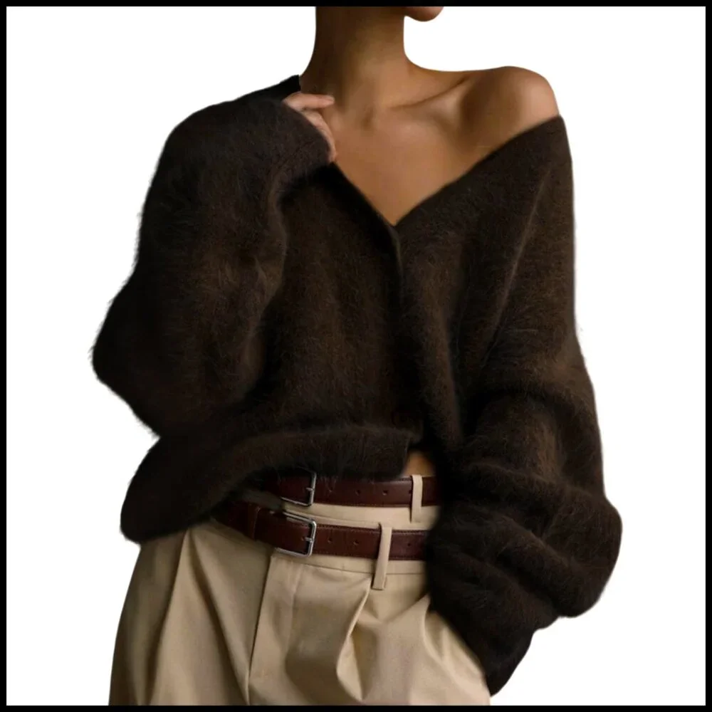 Women's Fuzzy V-Neck Cardigan Long Sleeve Button Down Slouchy Sweater